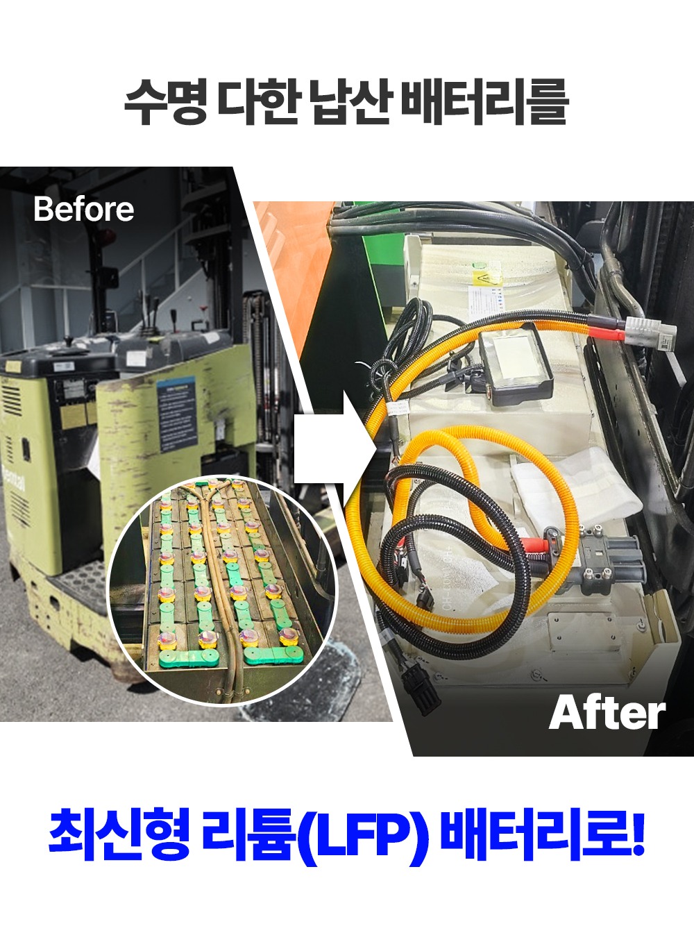수명을 다한 클라크 지게차 납산 배터리를 입식 리튬 배터리로 교체