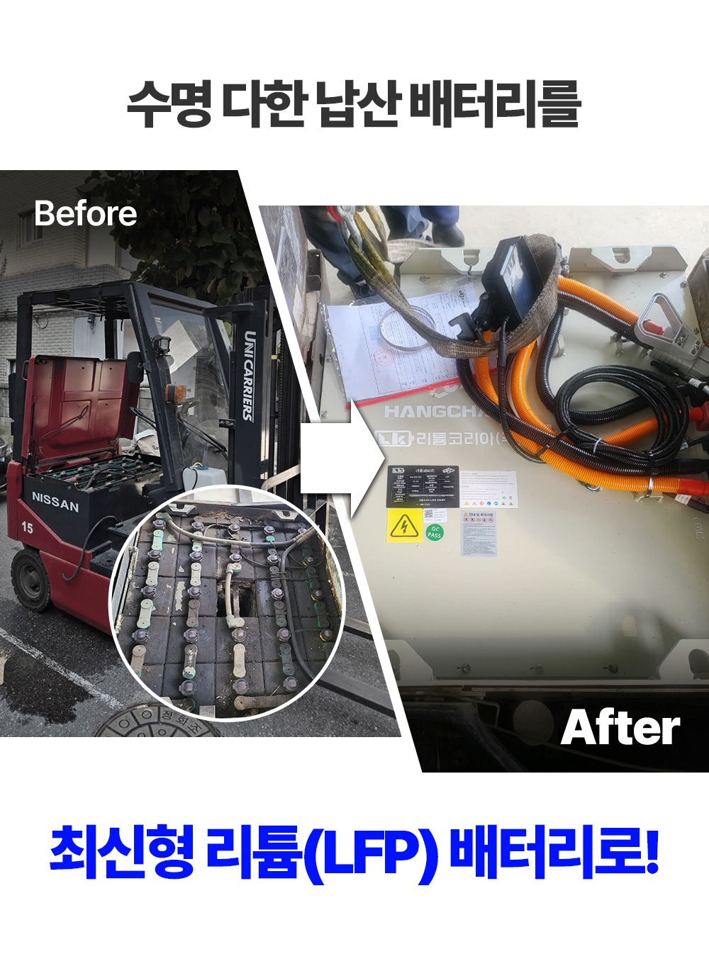 수명을 다한 납산 배터리를 좌식 리튬 배터리로 교체